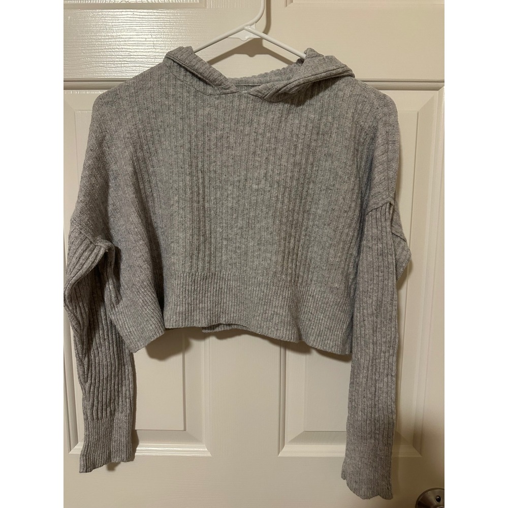 OFFLINE by Aerie Sweater Women S Gray Cropped Hoodie Ribbed Knit Alpaca Blend
